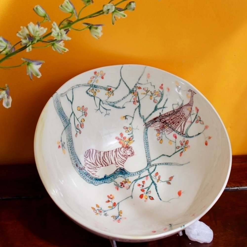 NWT Birds at Noon by Ruchi Gupta Stand in Courage Bowl-Tiger and Peacock